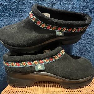 Black Suede Slip-On Clogs with Red & Gold Floral Embroidered Trim